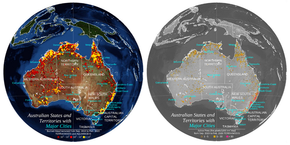 그림 1. 2019년 9월부터 2020년 2월까지 MODIS/Terra 위성으로 수집된 자료로 호주에서 발생한 산불로 소실된 누적 화재 지역과 활성화 화재 발생 수의 분포를 보여주고 있음. 호주 북부지역(열대 사바나 기후대)의 산불로 소실 지역 넓게 분포하나 활성화 화재 수는 호주 남동부 지역(온대기후대의 활엽수)에 비하여 적은 수를 보여줌. 이는 연소된 지역의 식생 유형은  발생지의 식생분포의 차이로 화재의 연료의 차이를 보여줌.