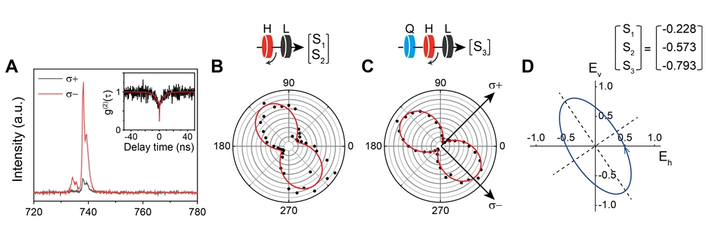 (그림 2) 측정된 단일 광자의 편광 특성. 왼쪽으로 원형 편광된 단일 광자의 특성을 보여준다. 원편광도 0.793이 관측된다 (최대치는 1).