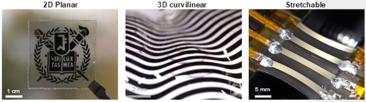 ▲ 그림 1 : (좌측부터) 2차원 평면, 3차원 곡면, 신축성 기판에서 각각 금속 박막을 패터닝한 모습