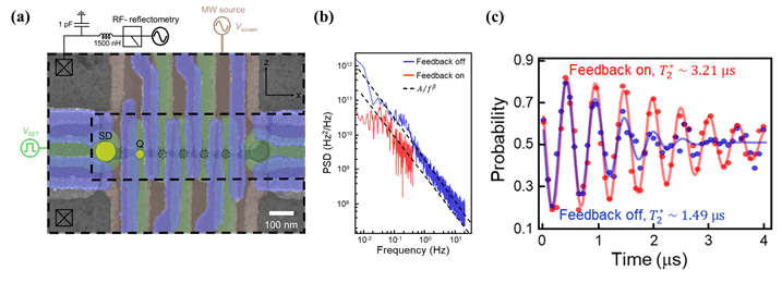 (a) 실리콘 큐비트 나노소자 (b) 고속 피드백을 통한 저주파 노이즈 감소 (c) 피드백 전-후 결맞음 시간 변화