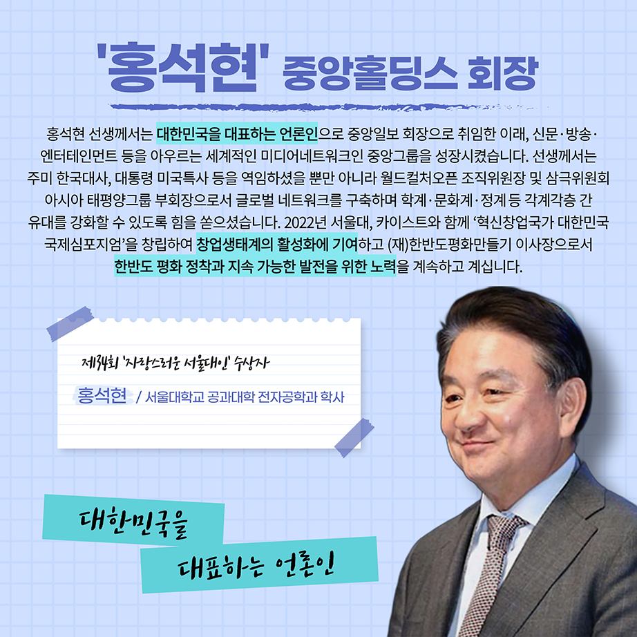 홍석현 중앙홀딩스 회장 홍석현 선생계서는 대한민국을 대표하는 언론인으로 중앙일보 회장으로 취임한 이래, 신문 방송 엔터테인먼트 등을 아우리는 세계적인 미디어네트워크인 중앙그룹을 성장시켰습니다 2022년 서울대 카이스트와 함께 혁신창업국가 대한민국 국제시심포지엄을 창립하여 창업생태계의 활성화에 기여하고 (재)한반도평화만들기 이사장으로서 한반도 평화 정착과 지속 가능한 발전을 위한 노력을 계속하고 계십니다